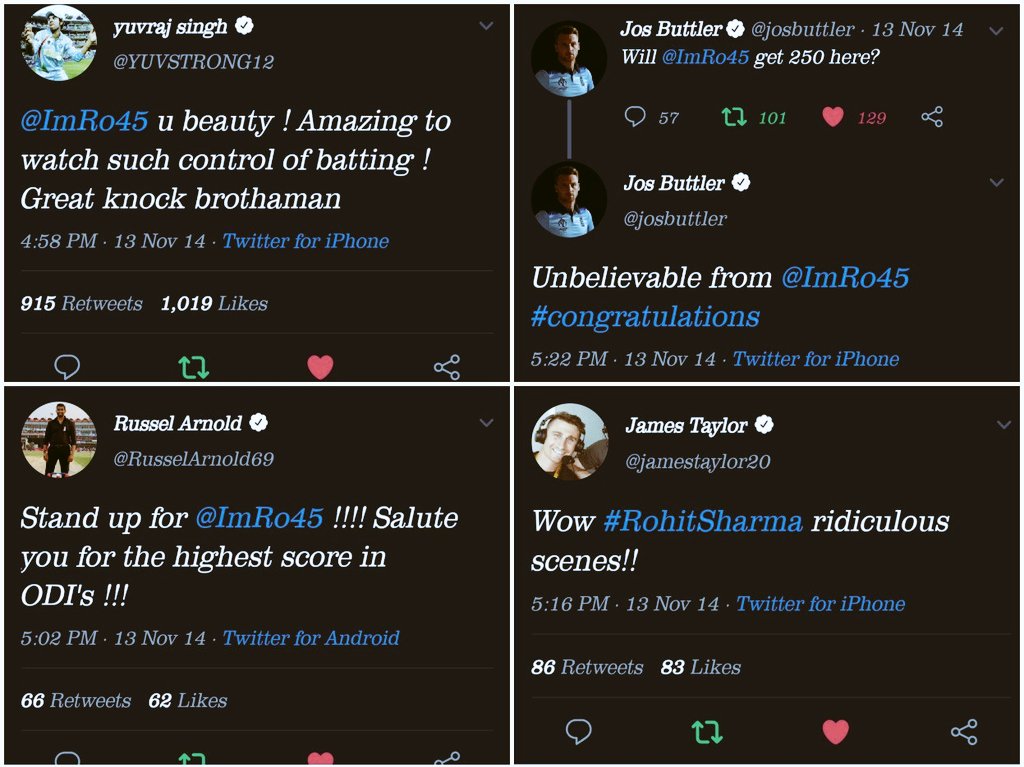 SPORTYVISHAL's tweet photo. Twitter was at it best on 14 November 2014 by Cricket legends ❤️

#RohitSharma| @ImRo45 | #TeamIndia https://t.co/X6VB6PInZv