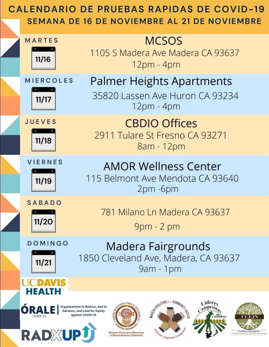 Pruebas #COVID gratis y rápidas en Fresno y Madera para la semana del 16 al 21 de noviembre. Sin cita ni ID. <a href="/LCampesinas/">Líderes Campesinas (Women Farmworker Leaders)</a>
<a href="/radiobilingue/">Radio Bilingue</a> <a href="/CCEJN/">CCEJN</a> @CBDIOFRESNO <a href="/cvocinc/">CVOC</a>