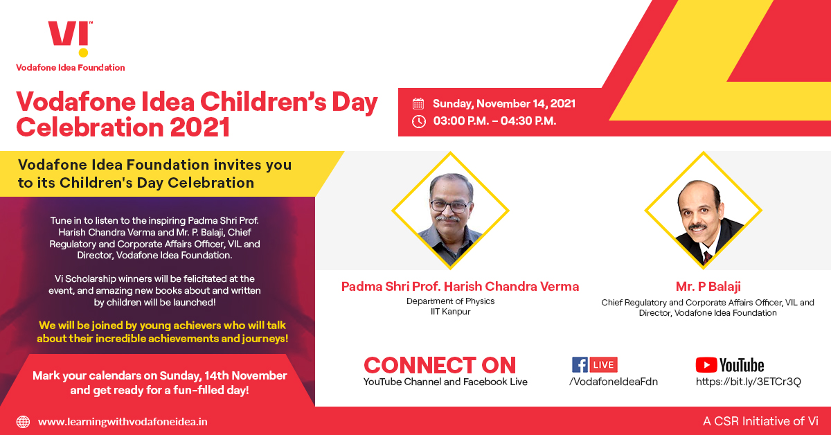 vodafoneIN_Fdtn's tweet photo. This Sunday, refresh your childhood memories with eminent physicist Padma Shri Prof HC Verma, who'll be a part of our special #ChildrensDay celebrations. Tune into https://t.co/RL0S15O12U at 3 pm to hear what the man behind the #ConceptofPhysics has to say! #WorldChildrensDay https://t.co/I2ZfG9Petm