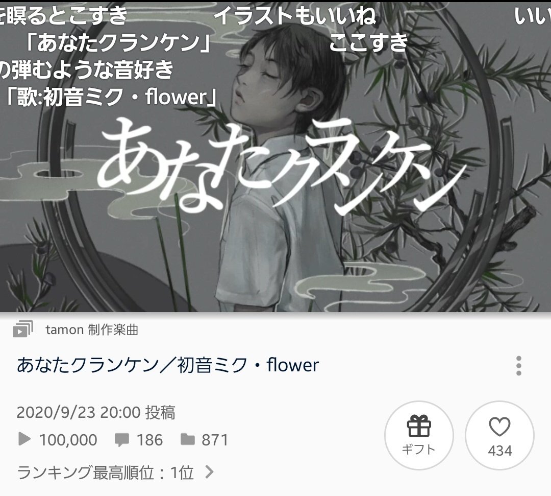 「あなたクランケン」殿堂入りです！！
本当にありがとうございます泣
ひとえに曲を聴いてくださる皆さんのおかげです
これからもよろしくお願いします🌛