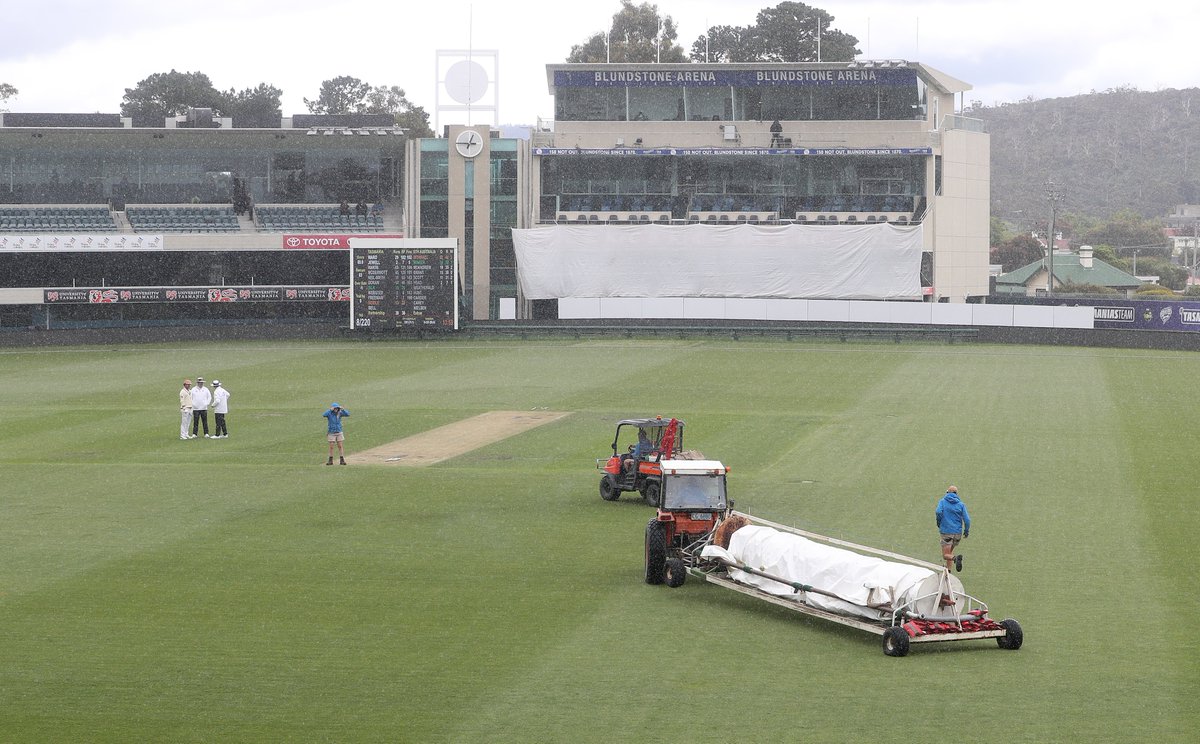 SACricketTeams's tweet photo. The weather wins in Hobart 😔 Play has been abandoned, leaving us to split the points with @TasmanianTigers 

A game that shall be remembered for a brilliant century from Henry Hunt 👏 #SheffieldShield https://t.co/1mOJ3QUBer