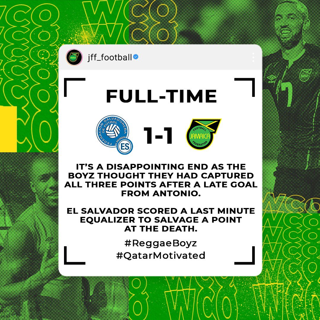 jff_football's tweet photo. It’s a disappointing end…
.
#QatarMotivated #ReggaeBoyz #SLVvJAM #WorldCupQualifiers #JourneyToQatar #RoadToQatar2022 #JFF_Football https://t.co/TYPZpgiXjb