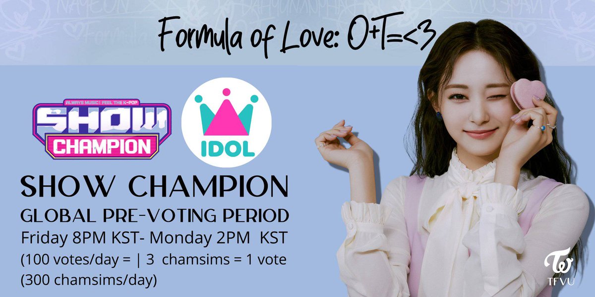 TFVUnion's tweet photo. MASS VOTING for Show Champion (Idol Champ App) STARTS NOW! 📣
🕒 1:00-2:00PM KST

—Drop your votes and show us your receipt on the reply section —

100 votes/day | 3 chamsims=1 vote
(300 chamsims/day)

Link: https://t.co/tyAne2JYKE

#SCIENTIST #TWICE @JYPETWICE https://t.co/8OD9Db4srb