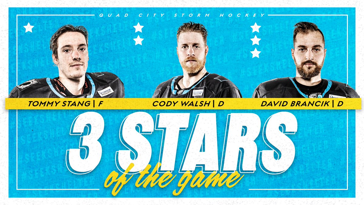 QuadCityStorm's tweet photo. 𝙔𝙤𝙪𝙧 3️⃣ ⭐️ 𝙩𝙤𝙣𝙞𝙜𝙝𝙩

⭐️  #11 Tommy Stang (1 G, GWG) 
⭐️⭐️ #52 Cody Walsh
⭐️⭐️⭐️ #8 David Brancik (1G, 1A)

#SeekShelter https://t.co/F9aIZ0LF7y