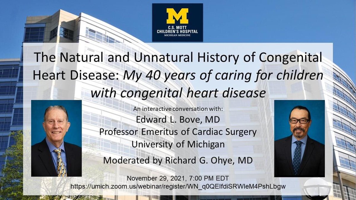 Register now for what will be an an amazing conversation from two dedicated surgeons caring and expanding the field of #CHD #pedscards #pedsicu #pedCICU #CardioTwitter <a href="/UMichCTSurgery/">Michigan CT Surgery Residency</a> <a href="/umichmedicine/">Michigan Medicine</a> @Umichpeds <a href="/umich/">University of Michigan</a> <a href="/RickOhyeMD/">Richard G. Ohye, M.D</a> 

umich.zoom.us/webinar/regist…
