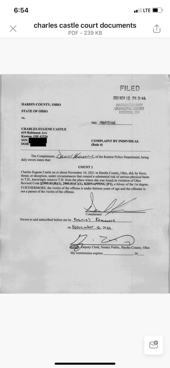 alexis_moberger's tweet photo. Charles Castle is now charged with kidnapping. The charge is from 11/10/2021 and was filed today. The criminal complaint lists the victim’s initials as T.H, which we believe is Trinity Hurt, the 7 year old who was reported missing Thursday in Kenton, Ohio. https://t.co/TRGsaKLSm1