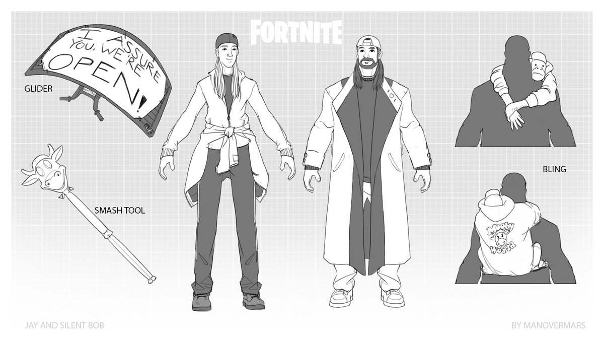 Matheyish's tweet image. @DonaldMustard I hear they are making a #Clerks3.  I also hear @JayMewes is a huge @FortniteGame enthusiast.   A friend and I were talking about how cool it would be to see #JayAndSilentBob in #Fortnite so he drew up a concept piece based on our talk.  Art by @manovermars