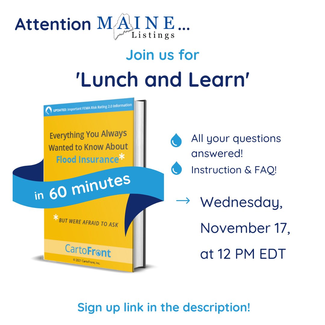 Hey <a href="/mainelistings/">Maine Listings</a>!  Join us for ‘Lunch and Learn’! Our next session is Wednesday, November 17, at 12:00 PM EDT. Sign up at [bit.ly/MLCFLunchAndLe…]. Link in the description! 

•
•
•
#CartoFront  #MaineListings #FloodInsurance