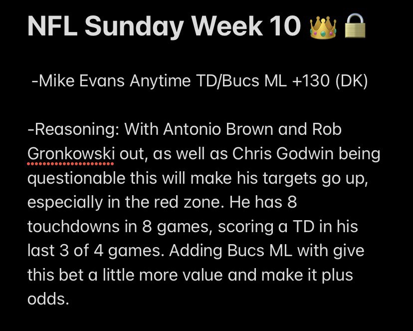 Infinite_Locks's tweet photo. NFL SUNDAY WEEK 10 FREE LOCK OF THE WEEK! 👑🔒 #nfl #bet #freepicks #week10nfl #mikeevans #tombrady https://t.co/fHiPu2Fvt9