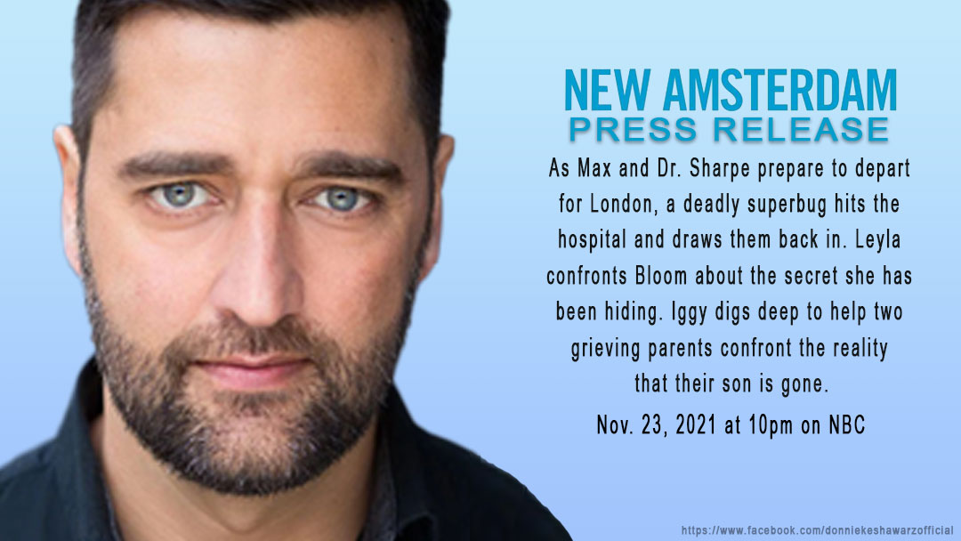 Press Release for <a href="/donniekeshawarz/">Donnie Keshawarz</a>'s (a meaningful) cameo appearance in <a href="/NBCNewAmsterdam/">New Amsterdam</a> S4.10 "Death is the Rule, Life is the Exception" on Tuesday, Nov 23rd at 10pm NBC. 

Characters name: Dominic Mancini 

#DonnieKeshawarz #NewAmsterdam