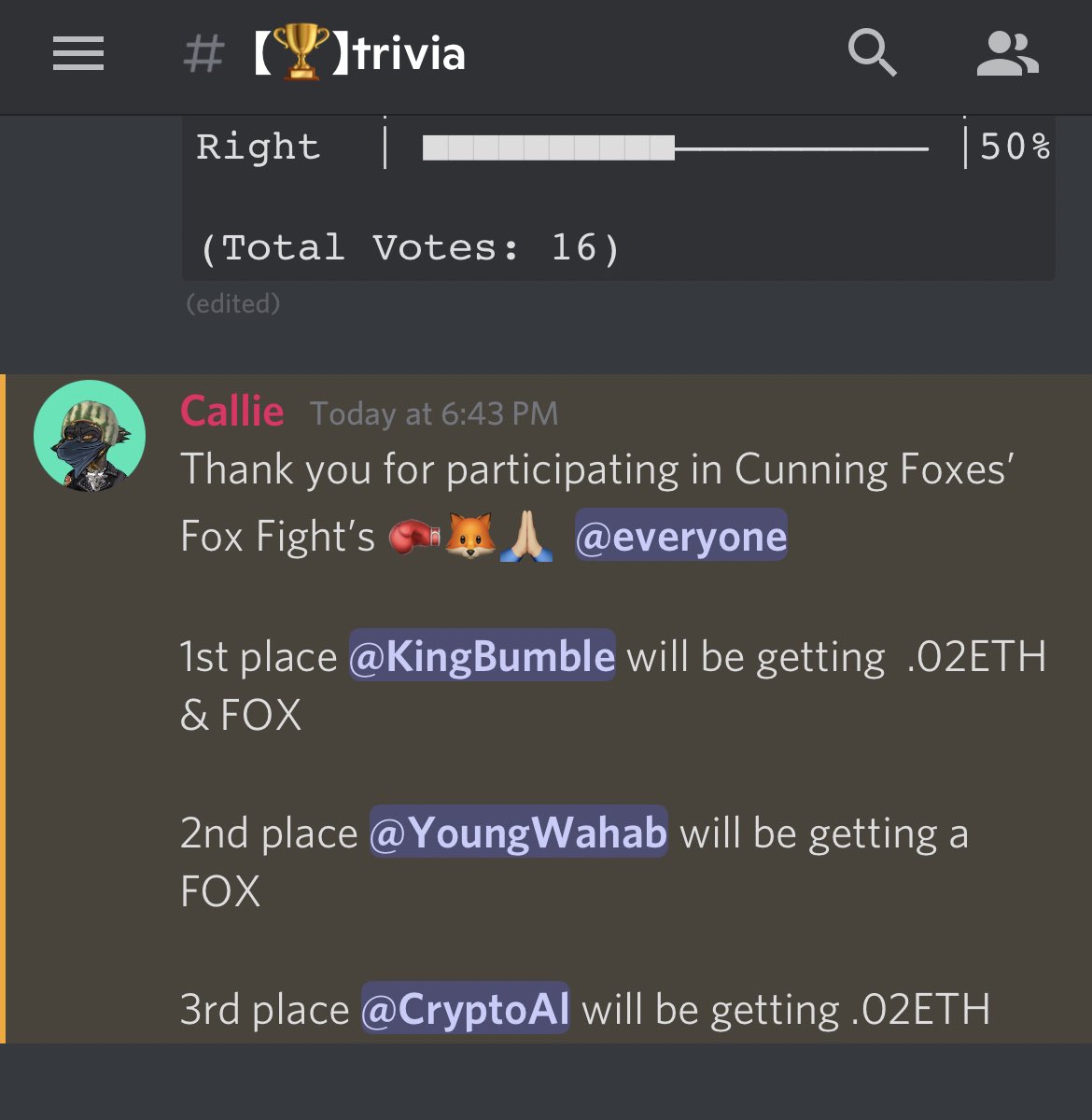 Unlikely199's tweet photo. Fox fight is over! Here are the winners thank you everyone for participating 🥊🦊 

#nftartwork #nft #openseanft #opensea #TheFoxPack #nftshill #nftshilling #nftart #NFTCommunity #NFTcollection #NFTcollectibles #foxfight https://t.co/mL9j62agNt