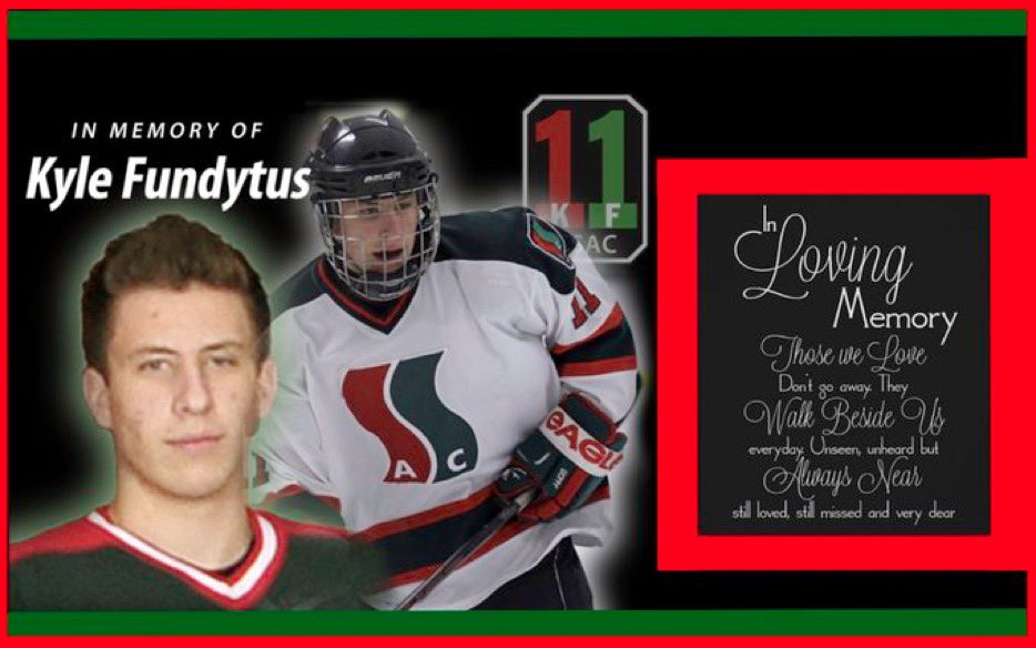 On November 12, 2011, Kyle Fundytus, playing for SSAC Midget AA, went to block a shot during a game. The puck struck an artery in his neck. Kyle tragically passed away the next day. Please join us today in remembering Kyle's Life. #neverforgotten #inourheartsalways ❤️💚❤️💚