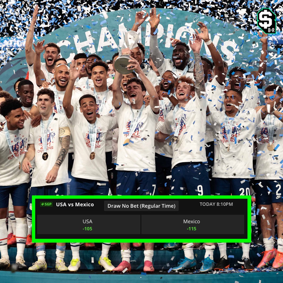 br_betting's tweet photo. ⚽️ USA vs. Mexico Squad Ride ⚽️

We’re taking USA DNB/PK (-105) tonight vs. Mexico @brfootball

If they win we will give away a USMNT jersey to a follower who RTs this post and replies with #BRBettingUSASquadRide https://t.co/kV2nJgMKtw