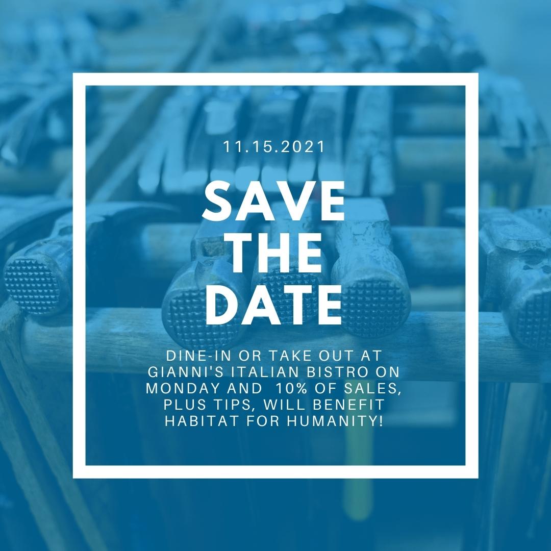HabitatEBSV's tweet photo. Save the date - and your appetite - for Monday's Tips for Change event at Gianni's Italian Bistro in San Ramon! Between 4:30 and 8 p.m., 10% of all sales (plus tips!) will benefit Habitat for Humanity.

For reservations visit https://t.co/PvMO967q5o or call 925-820-6969 https://t.co/QYsPVYdexK