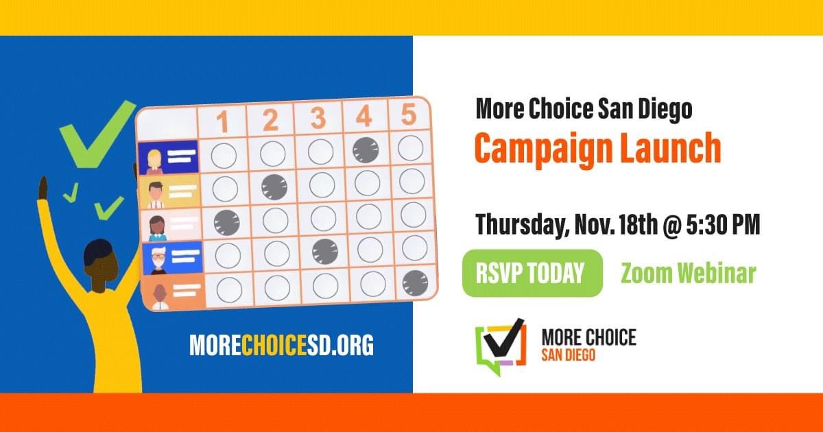 MoreChoiceSD's tweet photo. A coalition of community activists &amp; leaders have worked to bring a solution that gives voters more choices, makes representatives more accountable, promotes diverse ideas, &amp; encourages more civil campaigns.

Join us for our campaign kick-off!

Register at https://t.co/KcR0oHFEMj https://t.co/NfGpO4dAnU
