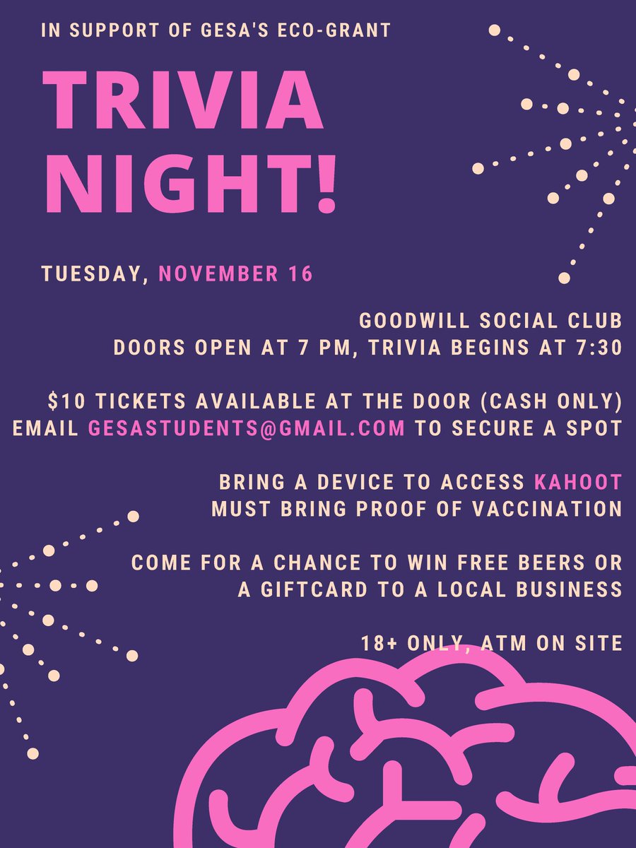 UWGeography's tweet photo. Nov 16 2021 - please join our students from GESA for #triviaNight at the Good Will Social Club. Proceeds go to support the #Ecogrant. https://t.co/XvvfHyYa49