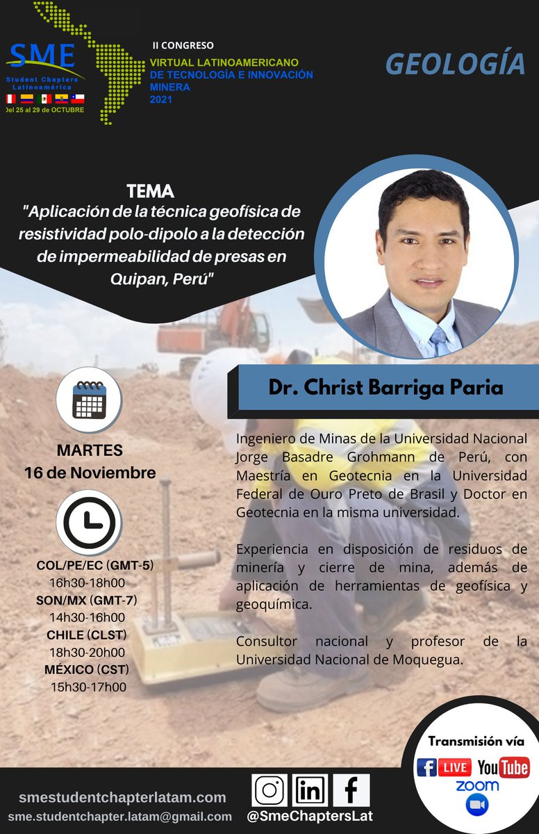 smeunamchapter's tweet photo. ⚙️ Conoce a nuestros ponentes del día Martes 16 de noviembre

🔸Temática: Proyectos Mineros

▪️Temática: Operaciones mineras

🔹 Temática: Geología 

🔗Enlace de registro del evento: https://t.co/PDxfrybvY2

🔹Evento organizado por los Student Chapters SME Latinoamérica!!! https://t.co/yBTIXHupjG