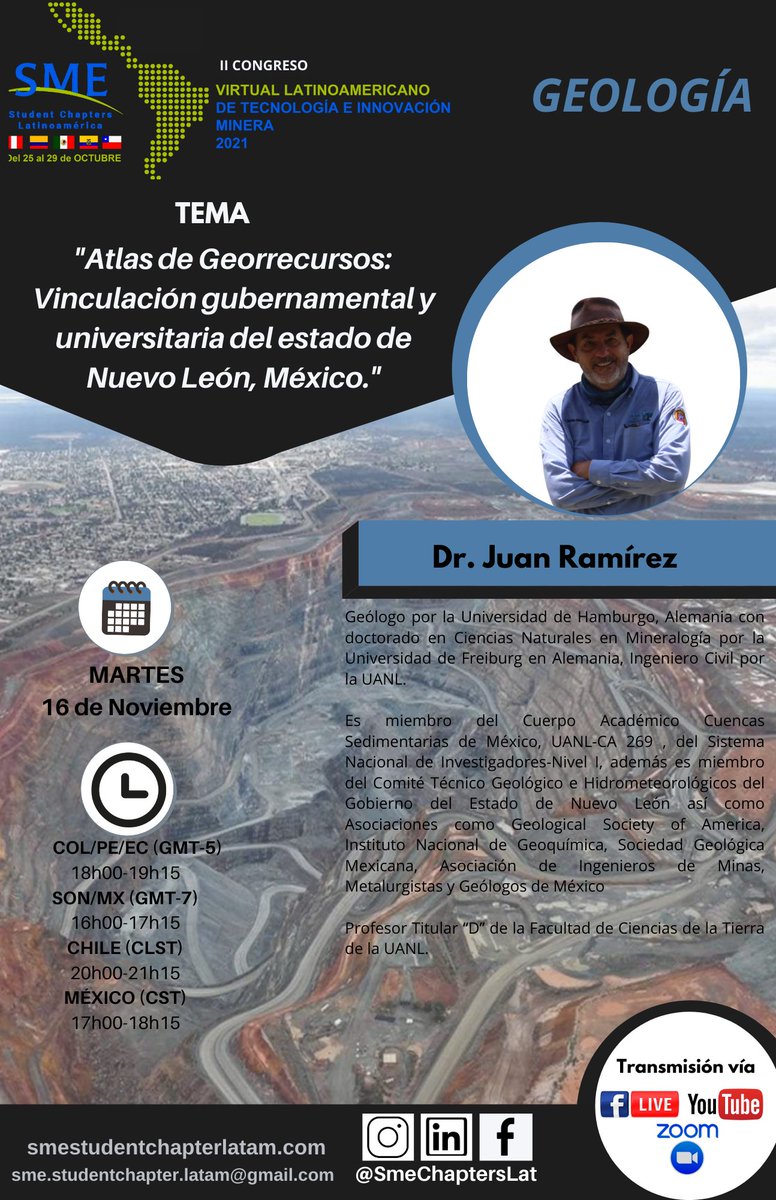 smeunamchapter's tweet photo. ⚙️ Conoce a nuestros ponentes del día Martes 16 de noviembre

🔸Temática: Proyectos Mineros

▪️Temática: Operaciones mineras

🔹 Temática: Geología 

🔗Enlace de registro del evento: https://t.co/PDxfrybvY2

🔹Evento organizado por los Student Chapters SME Latinoamérica!!! https://t.co/yBTIXHupjG