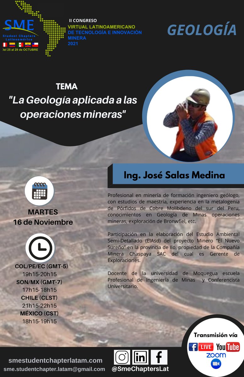 smeunamchapter's tweet photo. ⚙️ Conoce a nuestros ponentes del día Martes 16 de noviembre

🔸Temática: Proyectos Mineros

▪️Temática: Operaciones mineras

🔹 Temática: Geología 

🔗Enlace de registro del evento: https://t.co/PDxfrybvY2

🔹Evento organizado por los Student Chapters SME Latinoamérica!!! https://t.co/yBTIXHupjG