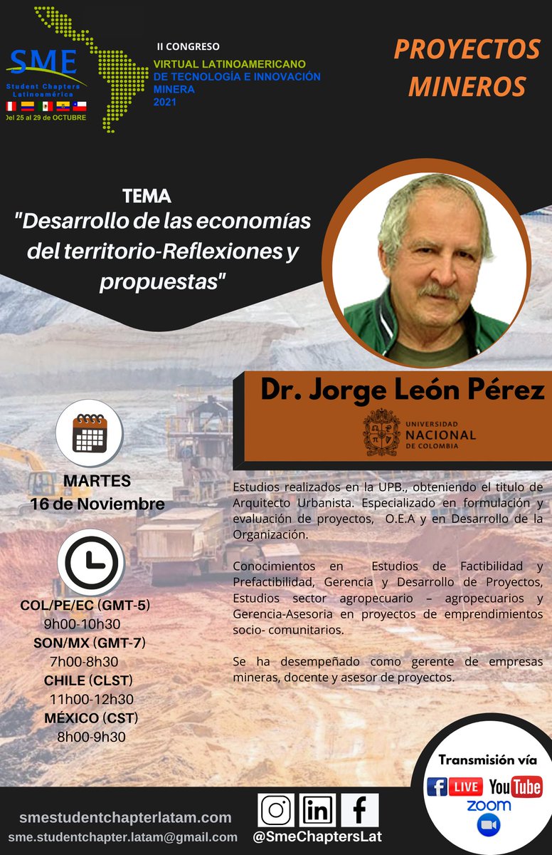 smeunamchapter's tweet photo. ⚙️ Conoce a nuestros ponentes del día Martes 16 de noviembre

🔸Temática: Proyectos Mineros

▪️Temática: Operaciones mineras

🔹 Temática: Geología 

🔗Enlace de registro del evento: https://t.co/PDxfrybvY2

🔹Evento organizado por los Student Chapters SME Latinoamérica!!! https://t.co/TXvLyxaQKF