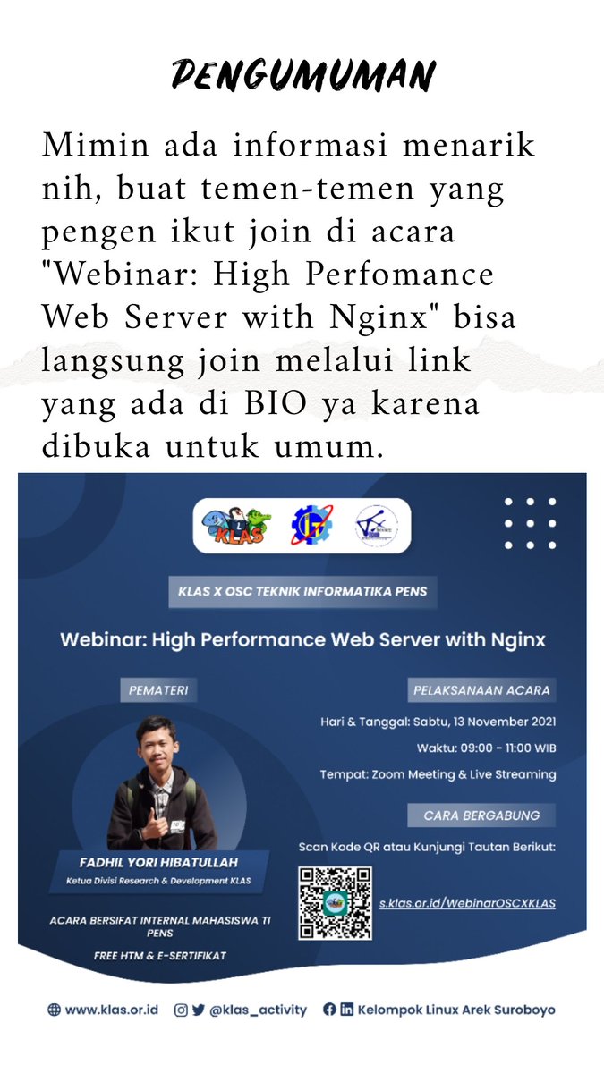 Buat temen-temen yang mau join di acara tersebut nanti bisa langsung bergabung kedalam room zoom meeting melalui tautan: s.klas.or.id/WebinarOSCXKLAS

Jangan sampai ketinggalan ya :)