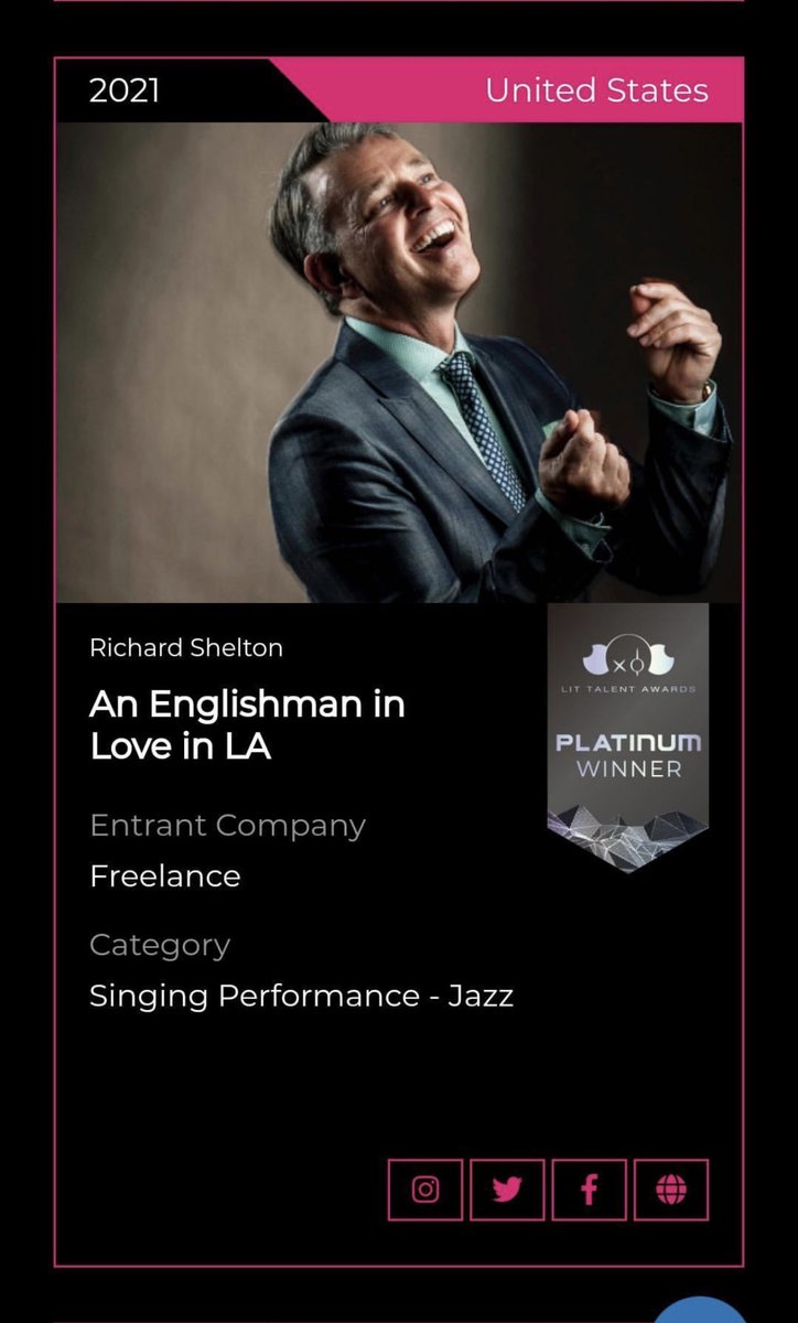 RichardShelton's tweet photo. #humbled #thrilled & very #chuffed be a double #award winner for ‘An Englishman in Love in LA’! Thank you @LitTalentAwards! #jazz #bestmalesinger. Album launches 2022! https://t.co/YIPkl4C83s