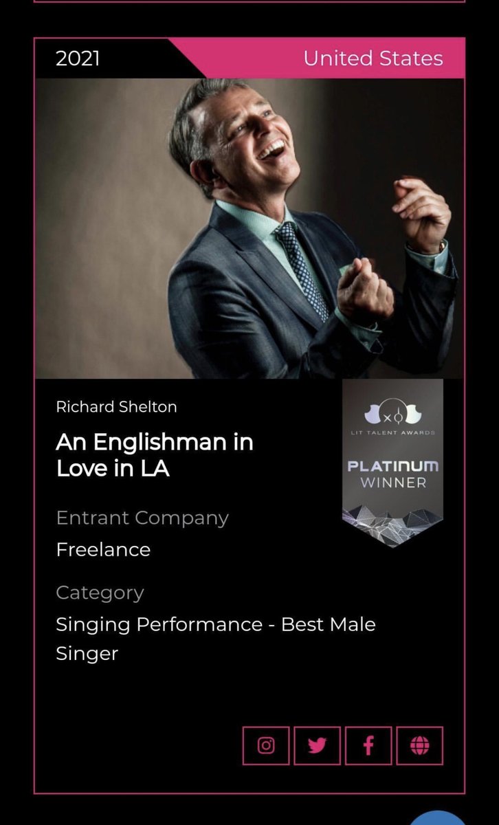 RichardShelton's tweet photo. #humbled #thrilled & very #chuffed be a double #award winner for ‘An Englishman in Love in LA’! Thank you @LitTalentAwards! #jazz #bestmalesinger. Album launches 2022! https://t.co/YIPkl4C83s