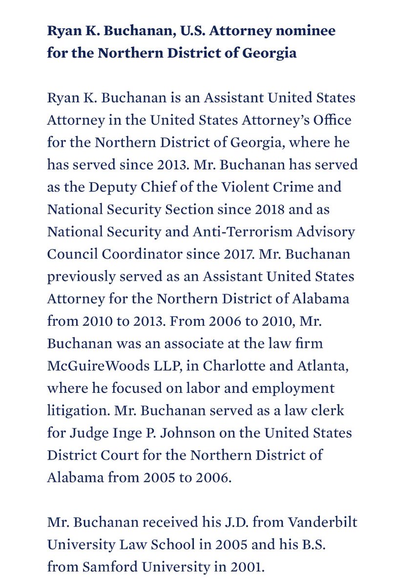 bluestein's tweet photo. President Biden has nominated a U.S. Attorney for the busy Atlanta-based Northern District of Georgia: Ryan Buchanan, a veteran federal prosecutor with an expertise in national security and anti-terrorism work. #gapol https://t.co/reuKq9butu