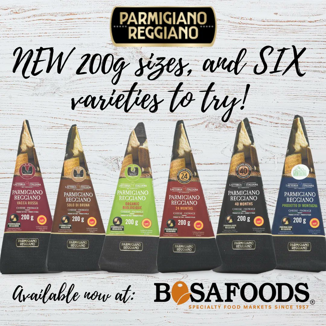 BosaFoods's tweet photo. We now carry SIX varieties of Parmigiano Reggiano in convenient 200g sizes!  Be sure to try them all - you may discover your new favourite!
#ParmigianoReggiano #bosafoods https://t.co/7YapSOkli1