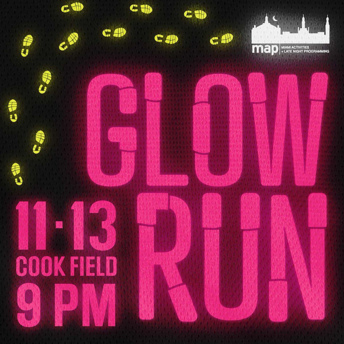 Miami MAP (@miami_map) on Twitter photo Join us and Miami Striders tomorrow at 9 pm for a 1-mile Glow Run at Cook Field! There will be glow face paint, glow sticks, and an awesome black light tent for photos!!πββοΈπ Join us and Miami Striders tomorrow at 9 pm for a 1-mile Glow Run at Cook Field! There will be glow face paint, glow sticks, and an awesome black light tent for photos!!πββοΈπ