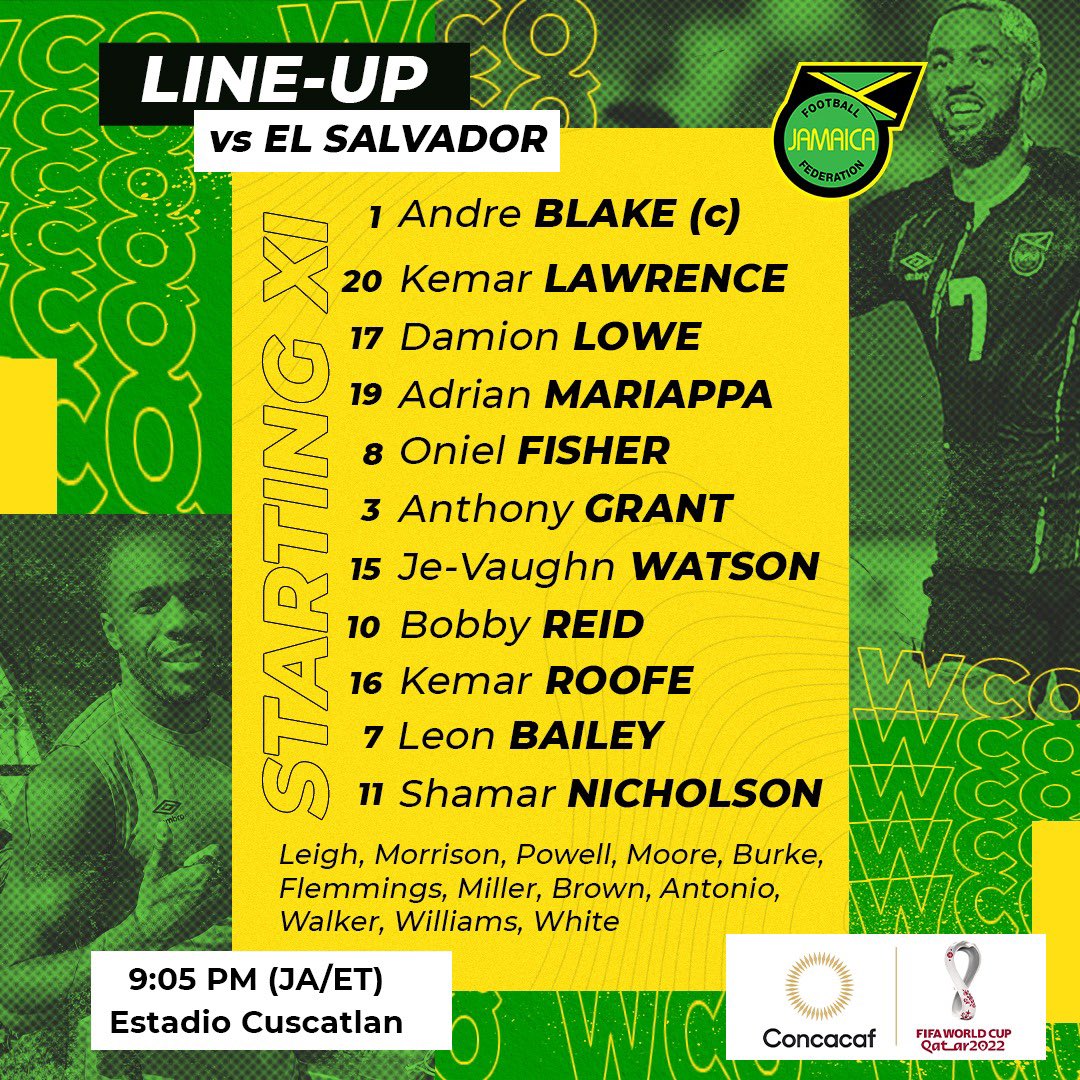 jff_football's tweet photo. Our starting 1️⃣1️⃣ against El Salvador 💪🏿

Leon makes his WCQ debut 👏🏿
.
#QatarMotivated #ReggaeBoyz #SLVvJAM #WorldCupQualifiers #JourneyToQatar #RoadToQatar2022 #JFF_Football https://t.co/YgIuvvHnBz