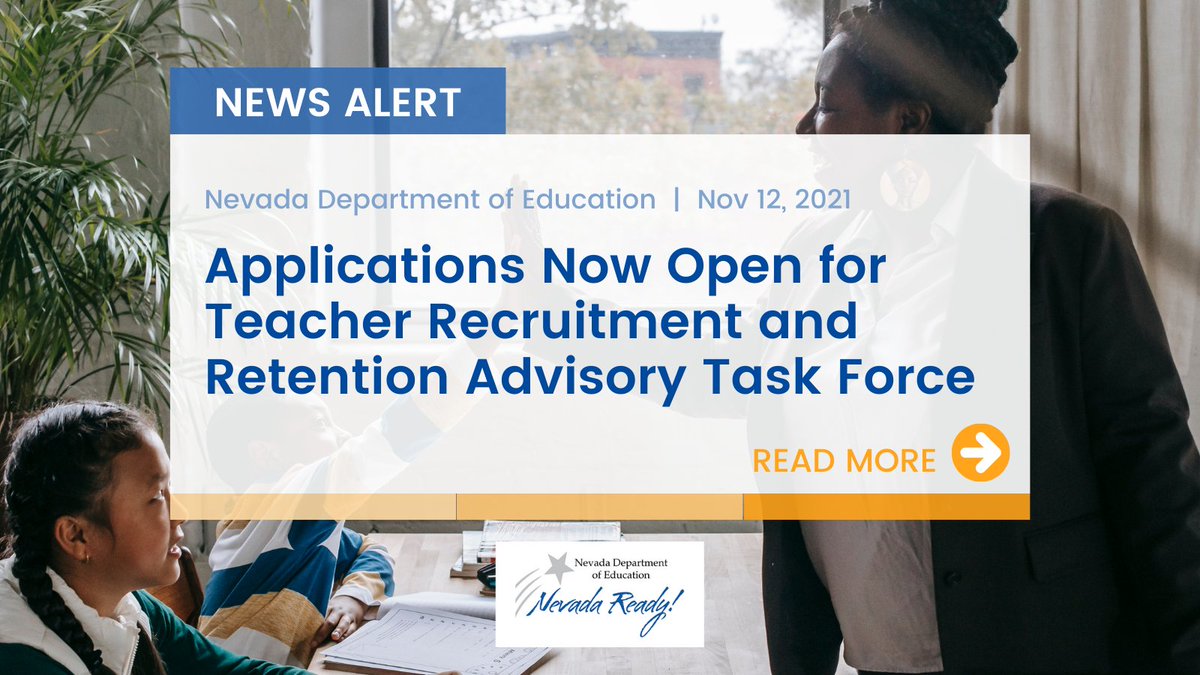 NvstateED's tweet photo. Applications are open for the Nevada Teacher Recruitment and Retention Advisory Task Force! We are committed to expanding our workforce and encourage all educators be part of this important work. Read more: https://t.co/l4nNHKlMPt
Access the application: https://t.co/fnrpqqRG7v https://t.co/6YOdPB1tg6