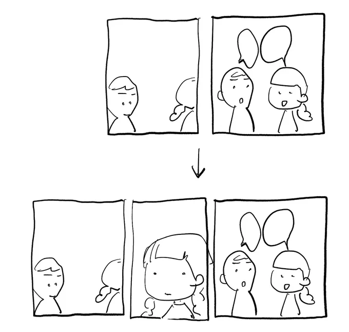 みなもと先生がちば先生について、それまでのは何か会話があると次のコマでは行動、というパターンだったがちば先生はその間に一コマたすことで膨らみをもたせた的な話をしていたのを思い出す。 