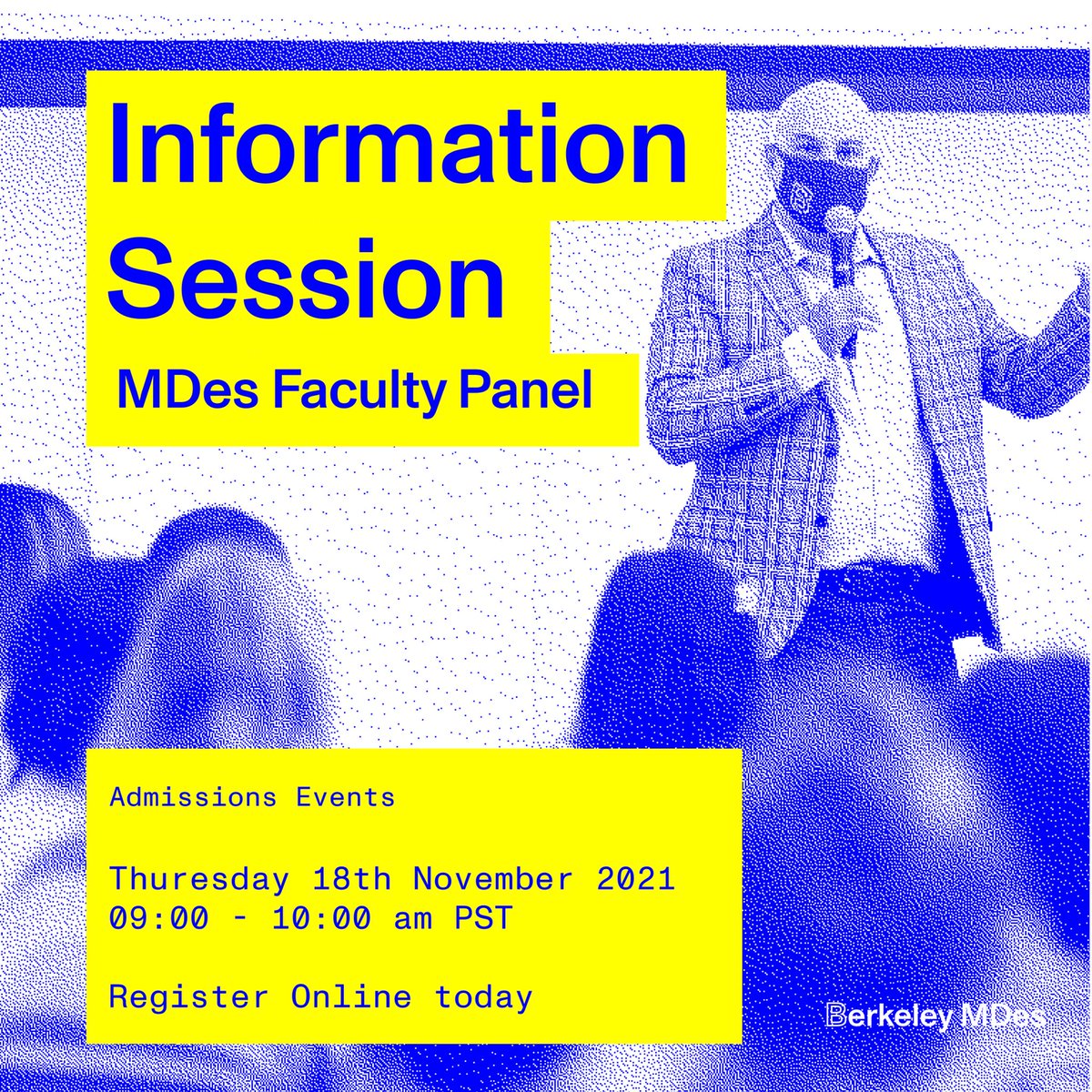 Time to start the application if you haven’t! Thursday, NOV 18, 9 – 10 AM PST we’ll have another exciting info session with faculty who teach in the MDes and you’ll learn about their cutting-edge research! RSVP: gradapp.berkeley.edu/register/?id=4… #mdes2022 #berkeleymdes #ucberkeley