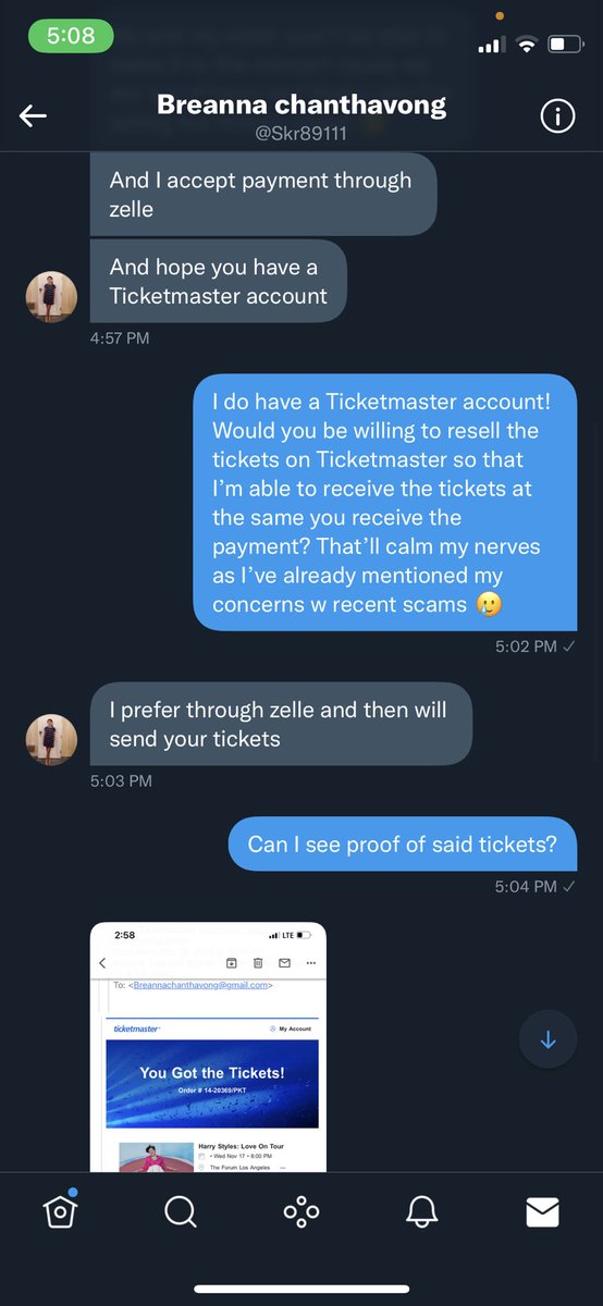 IFancyHoran_'s tweet photo. Please do NOT fall for this scam, they blocked me RIGHT after I called them out. This was for 2 LA n1 Watermelon pit tickets. #harrystylestickets #harrytickethelp #harrystylesticketselling #harrystylestickethelp https://t.co/Q8soKrgdGs