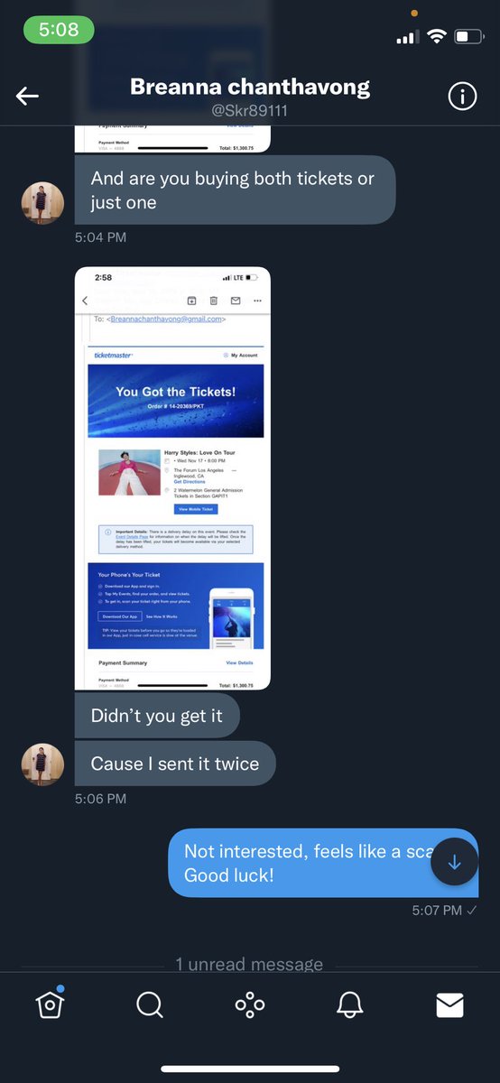 IFancyHoran_'s tweet photo. Please do NOT fall for this scam, they blocked me RIGHT after I called them out. This was for 2 LA n1 Watermelon pit tickets. #harrystylestickets #harrytickethelp #harrystylesticketselling #harrystylestickethelp https://t.co/Q8soKrgdGs