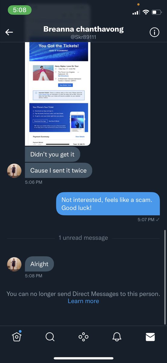 IFancyHoran_'s tweet photo. Please do NOT fall for this scam, they blocked me RIGHT after I called them out. This was for 2 LA n1 Watermelon pit tickets. #harrystylestickets #harrytickethelp #harrystylesticketselling #harrystylestickethelp https://t.co/Q8soKrgdGs