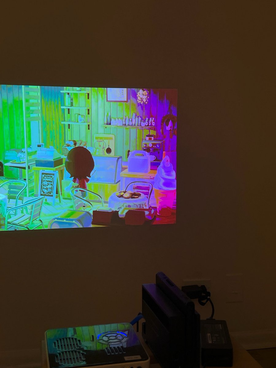 my roommate borrowed a projector for the weekend from my uni so that the acnh addicts (me and my friend) could play acnh on it😭😭 but also why is the color showing on my camera like that