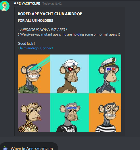 So sick of these unethical piece of shit scammers.
DON'T click any links from #discord DMs - especially when you need to connect your wallet! Here is another scam claiming to #airdrop <a href="/BoredApeYC/">Bored Ape Yacht Club 🍌</a> 

Be safe in the NFT space #NFTcommunity #NFTcollectors #NFTscams