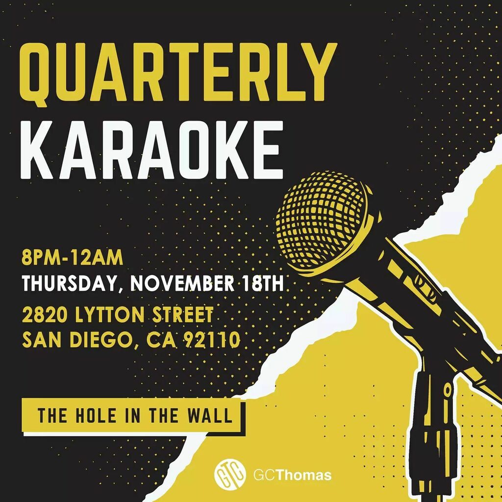 GCThomasSD's tweet photo. Quarterly karaoke time!

Thursday, November 18th 8pm

The Hole In The Wall
2820 Lytton Street
San Diego, CA 92110 https://t.co/dPe04WPpbz https://t.co/VmpBNYC7wT