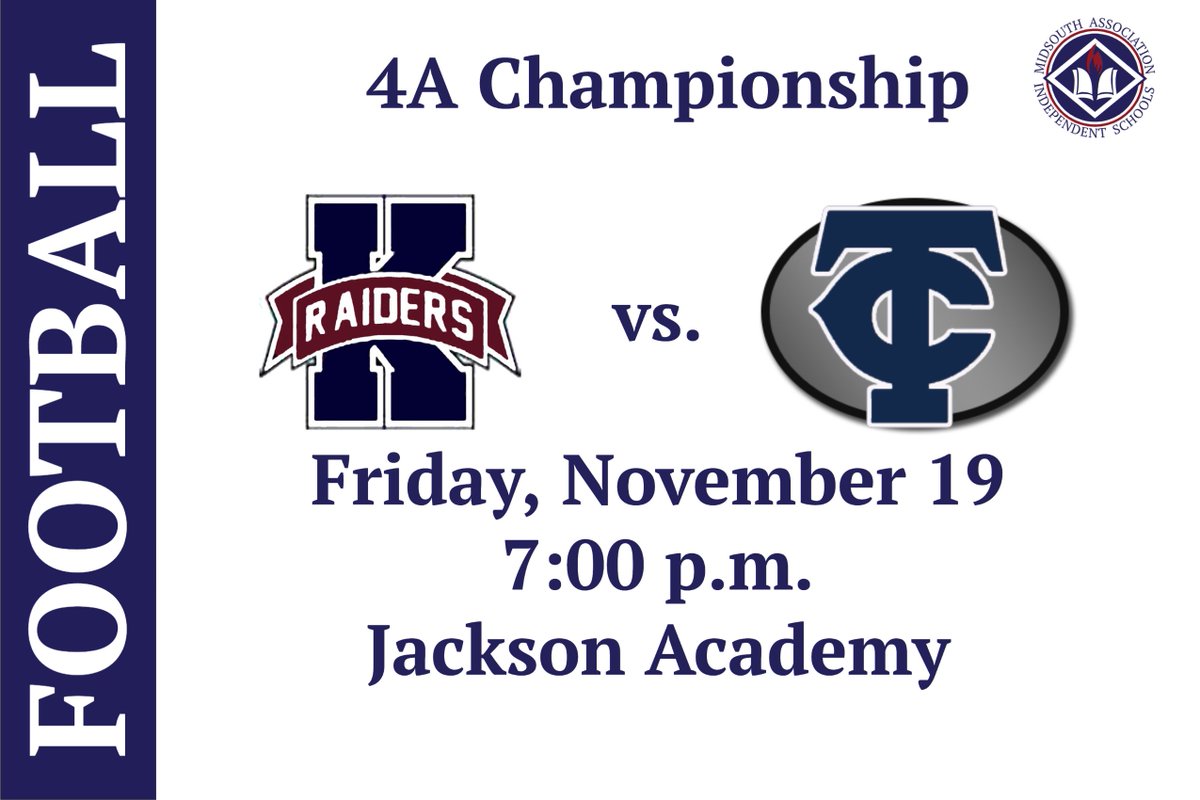 Congratulations to <a href="/kirk_academy/">Kirk Academy Baseball</a> and <a href="/tcafootball/">Tri-County Football</a> on their semi-final football victories tonight. The Raiders and the Rebels will face off in the <a href="/msais/">MAIS</a> 4A State Championship on Friday, November 19 at 7:00 p.m. at Jackson Academy. Stream at maisnetwork.org.