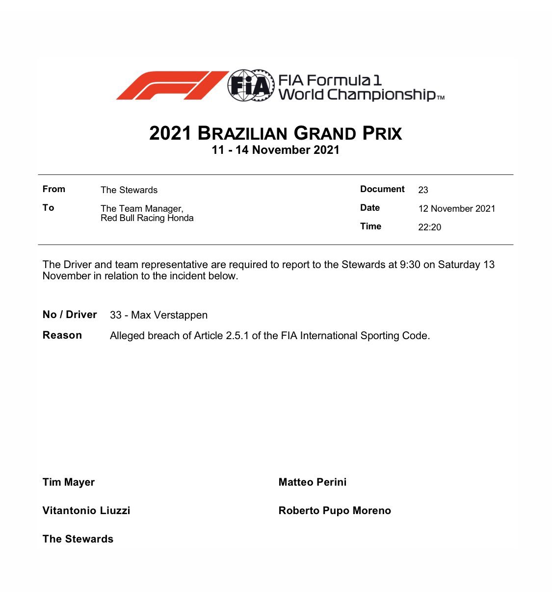 BREAKING. Max Verstappen moet zich melden bij de stewards in Brazilië