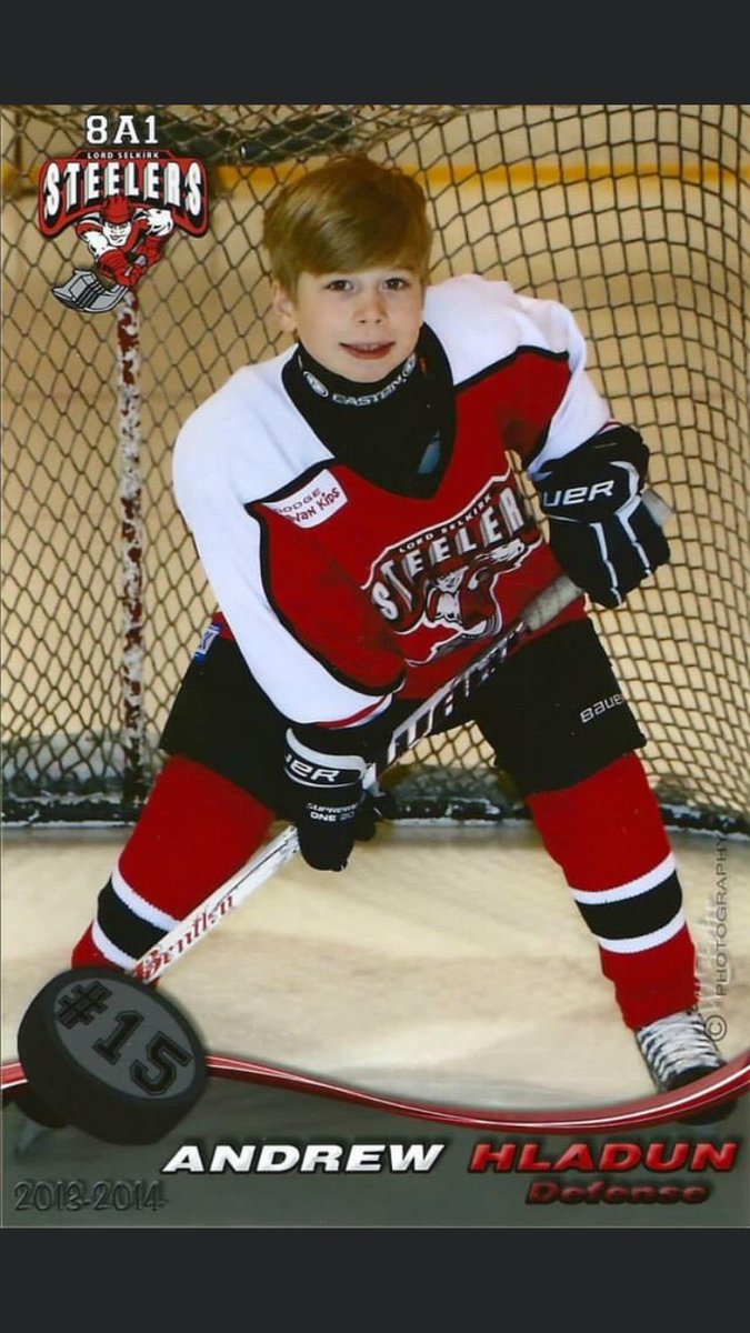 EmmaHladun's tweet photo. Andrew is wearing #15 for @selkirksteelers tonight in Winkler. First shift, first hit. https://t.co/aSgBrC0BNW