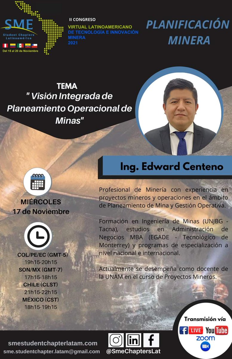smeunamchapter's tweet photo. ⚙️ Conoce a nuestros ponentes del día Miércoles 17 de noviembre

🔹 Temática: Innovación minera
🔸Temática: Metalurgia
🔹 Temática: Planificación minera

🔗Enlace de registro del evento: https://t.co/PDxfrybvY2

🔹Evento organizado por los Student Chapters SME Latinoamérica https://t.co/CDHAdt3IYd