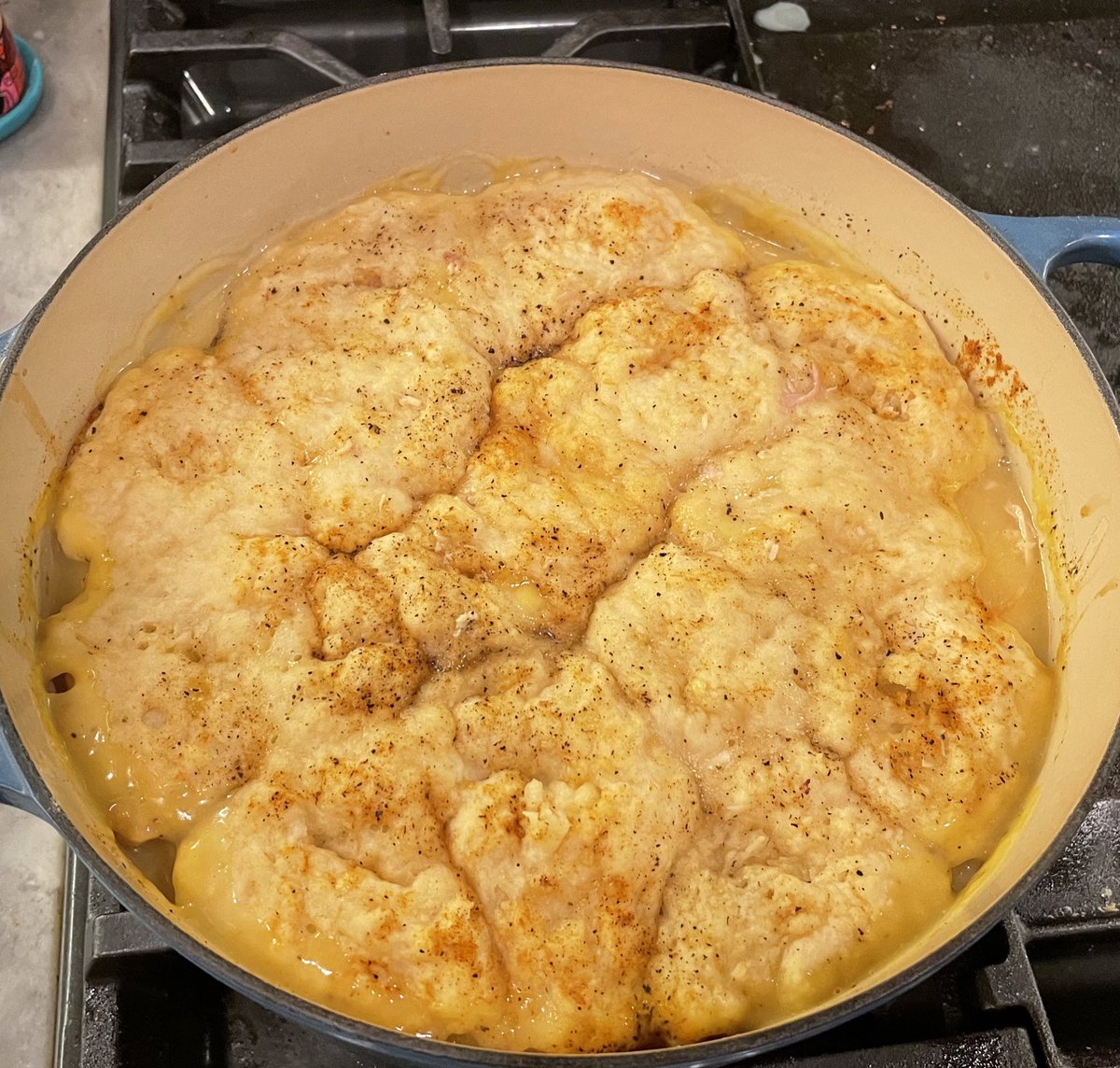 Cwe80W's tweet photo. Tried something new today…

Smoked chicken and dumplings!

Turned out awesome. Need to tweak the timing to get it done by regular dinner time! @foodiesofturf 
#Traeger #southernstaple #goodforthesoul https://t.co/2LnBYToCnU