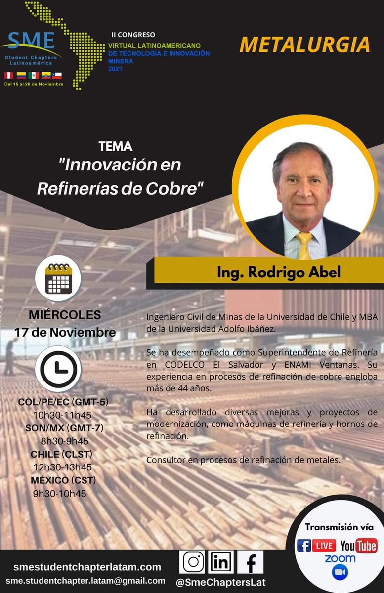 smeunamchapter's tweet photo. ⚙️ Conoce a nuestros ponentes del día Miércoles 17 de noviembre

🔹 Temática: Innovación minera
🔸Temática: Metalurgia
🔹 Temática: Planificación minera

🔗Enlace de registro del evento: https://t.co/PDxfrybvY2

🔹Evento organizado por los Student Chapters SME Latinoamérica https://t.co/euIizGXqn3