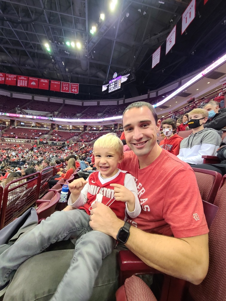 ACraft4's tweet image. Love being back in town and being able to experience a game in person. I think Owen enjoyed his first @OhioStateHoops game! I’m pretty sure the W was dedicated to him.