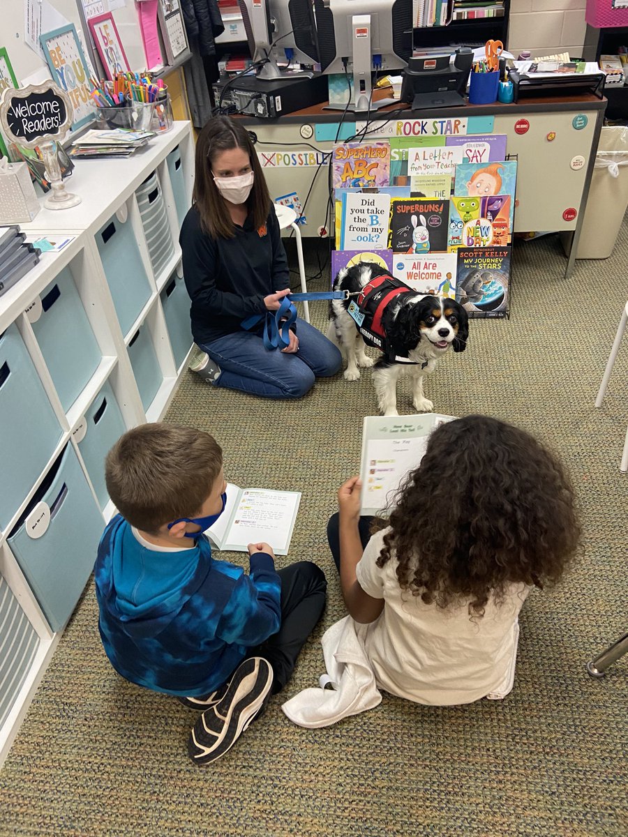 DevineReaders's tweet photo. Best Friday ever!  Tucker the therapy dog came to listen to us read.  Lucky third graders and lucky me!  @gossen_jennifer #wdppride #WDPHemlockCreek https://t.co/Ds3I7kGwlu