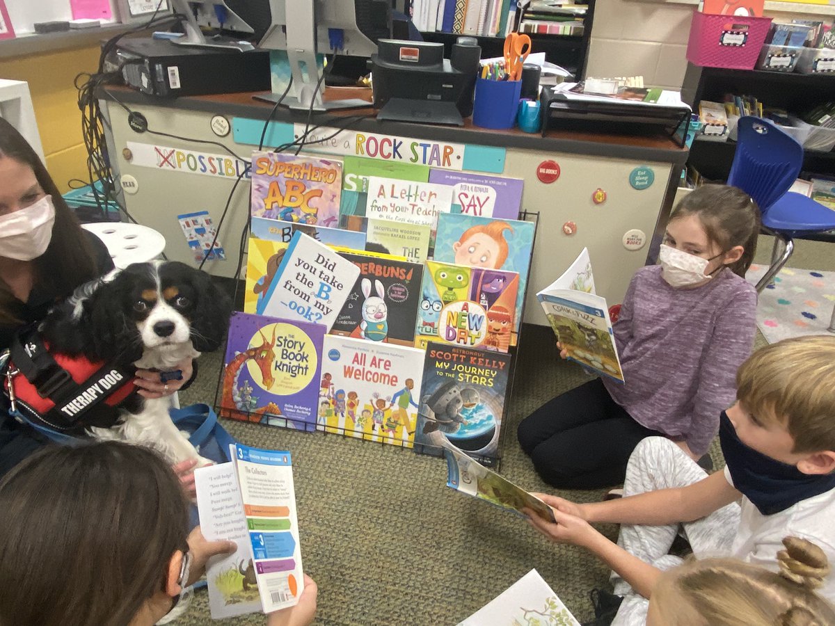 DevineReaders's tweet photo. Best Friday ever!  Tucker the therapy dog came to listen to us read.  Lucky third graders and lucky me!  @gossen_jennifer #wdppride #WDPHemlockCreek https://t.co/Ds3I7kGwlu