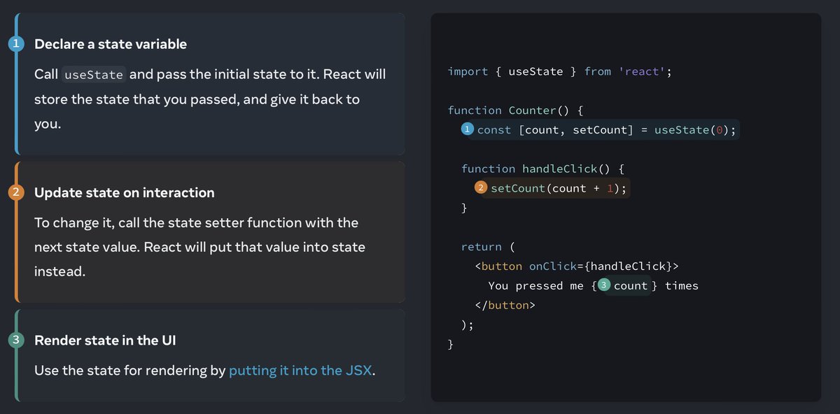 andrew_j_mead's tweet image. React beta docs are setting a high bar. Loving this code snippet with color coded breakdown.